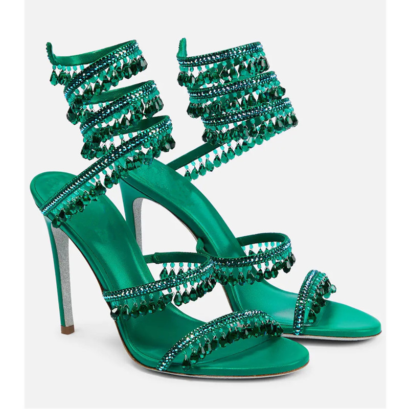 Ankle Strap Heels - Seksowne zielone sandały na szpilce z