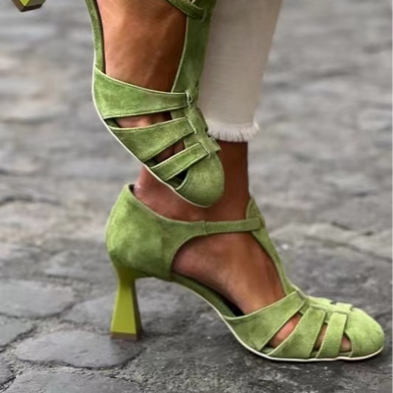 Women'S Shoes Kitten Heels - Damskie zielone zamszowe sandały na niskim