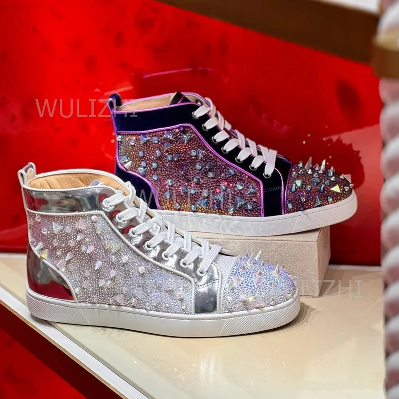 Women Shoes Tennis - Ciemnofioletowe sneakersy męskie z kryształowymi nitami,